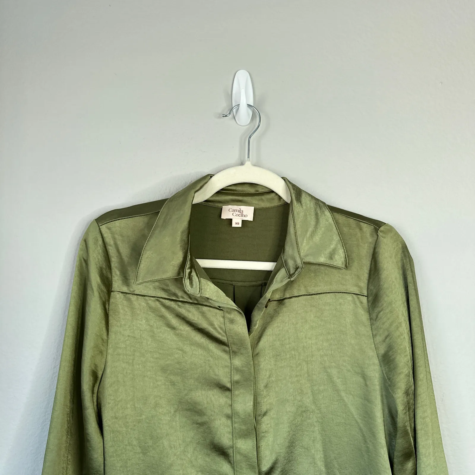 CAMILA COEHLO Priscilla Mini Dress Sage Green Satin Button Up Tie Waist Size XS - Image 6