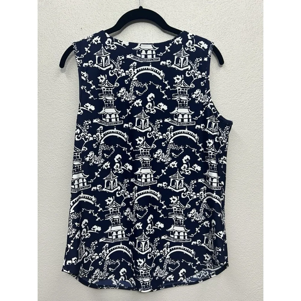 Jude Connally Ali Tank Top Large Chinoiserie Navy Sleeveless Non Wrinkle Stretch Blue - Image 2