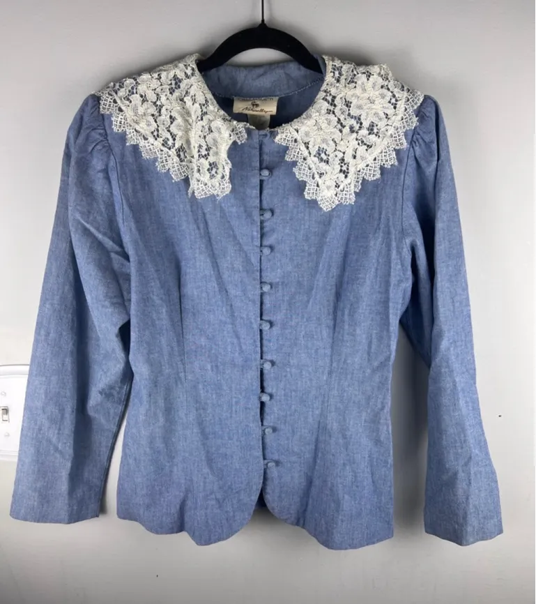 Jonathan Martin Vintage Prairie Blouse Lace Collar Chambray Blue Cottagecore - Image 1