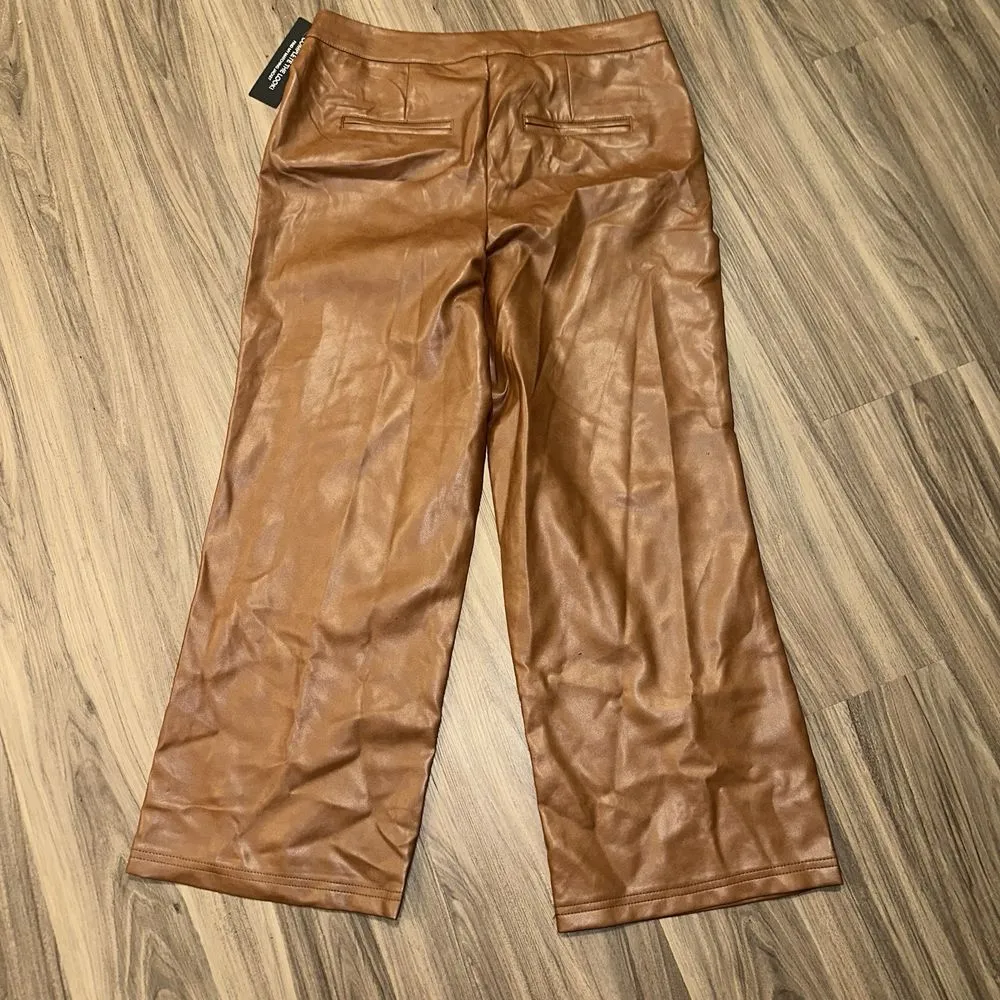 Bagatelle Womens Cognac Faux Leather Cropped Wide Leg Flare Pants‎ Size M - Image 3