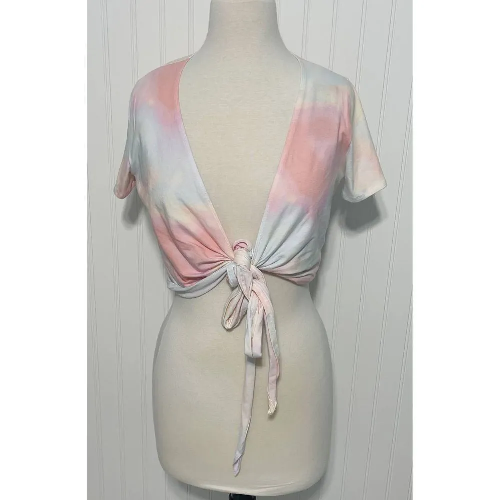 Hollister Tee Shirt Baby Tee Crop‎ Top Pastel Tie Dye Wrap Front Pink Blue Large - Image 13