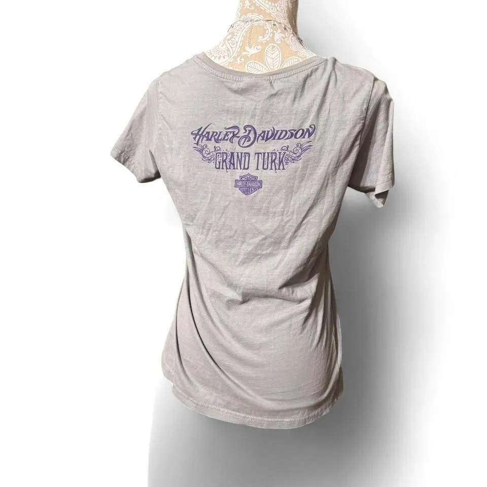 Harley Davidson Women's Gray Grand Turk Rhinestone Graphic T-Shirt Size L - Image 4