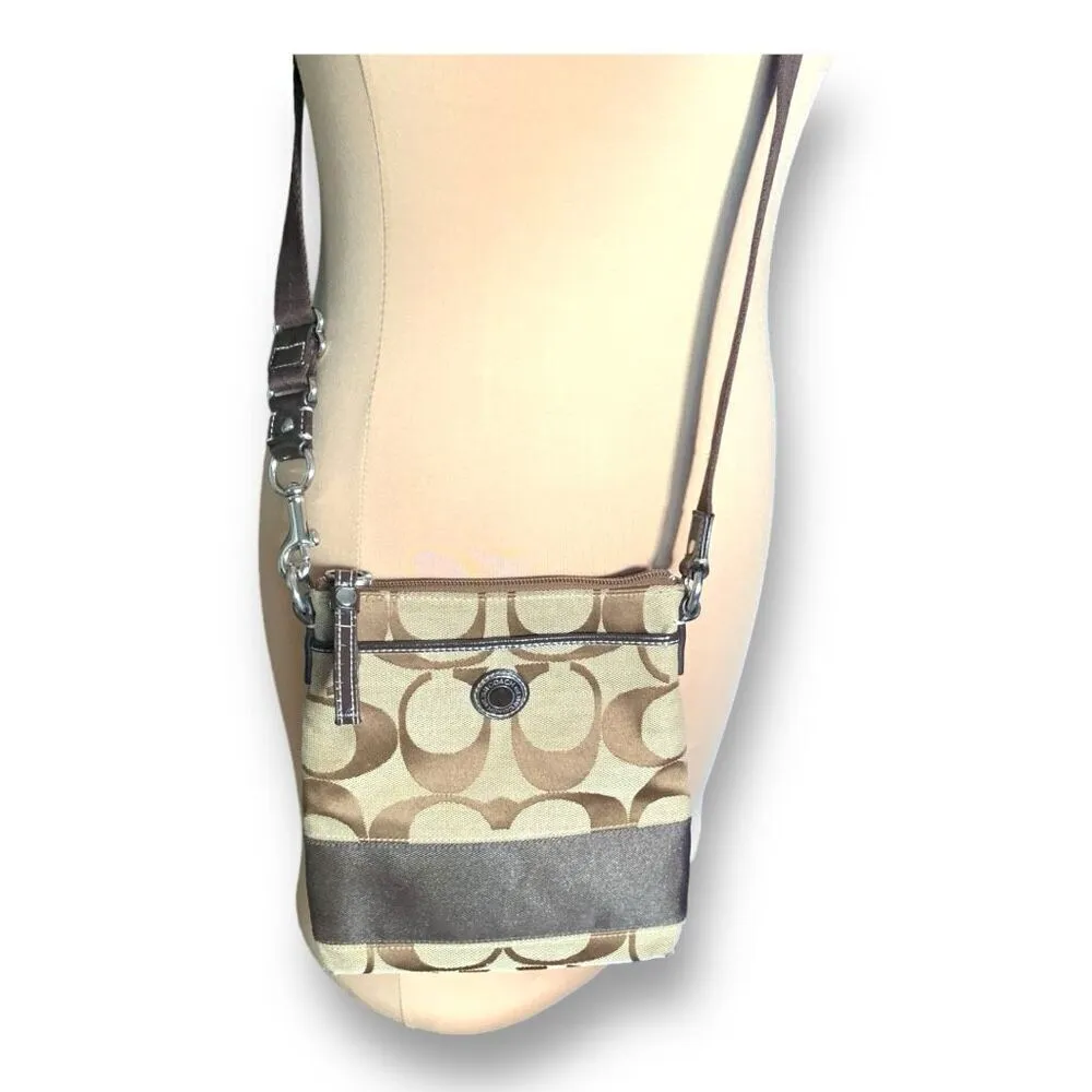 Coach Signature Stripe Tan Brown Crossbody Swingpack Shoulder Bag Casual Purse - Image 6