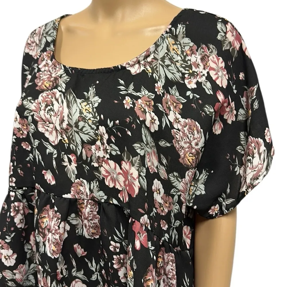Live 4 Truth Black Floral Print Babydoll Blouse Short Sleeve Womens Large - Image 2