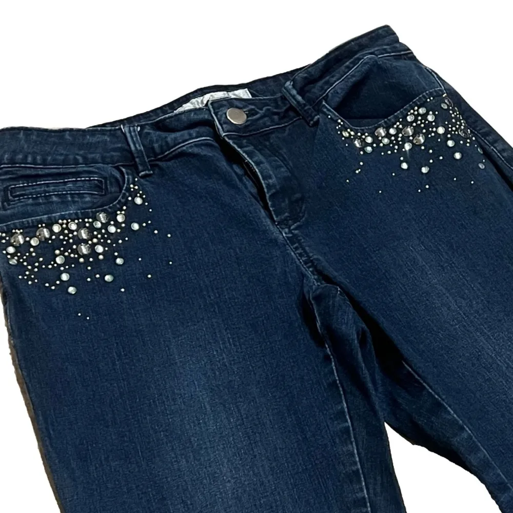 Boston Proper embellished dark wash low rise skinny jeans stretchy pockets 4 - Image 2