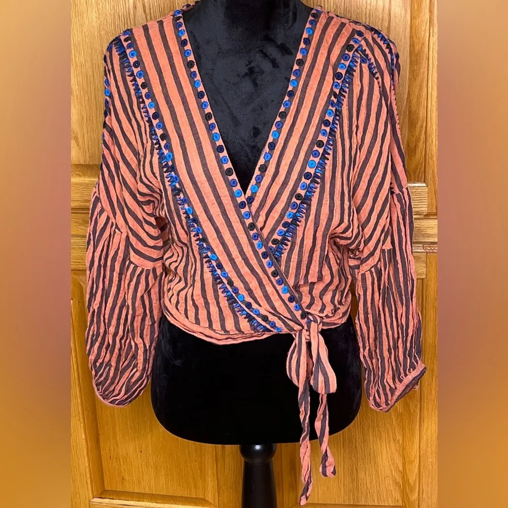 Free People Barcelona Nights Crop Wrap Top Blouse w/ Tie Gauzy Cotton Size Small - Image 6