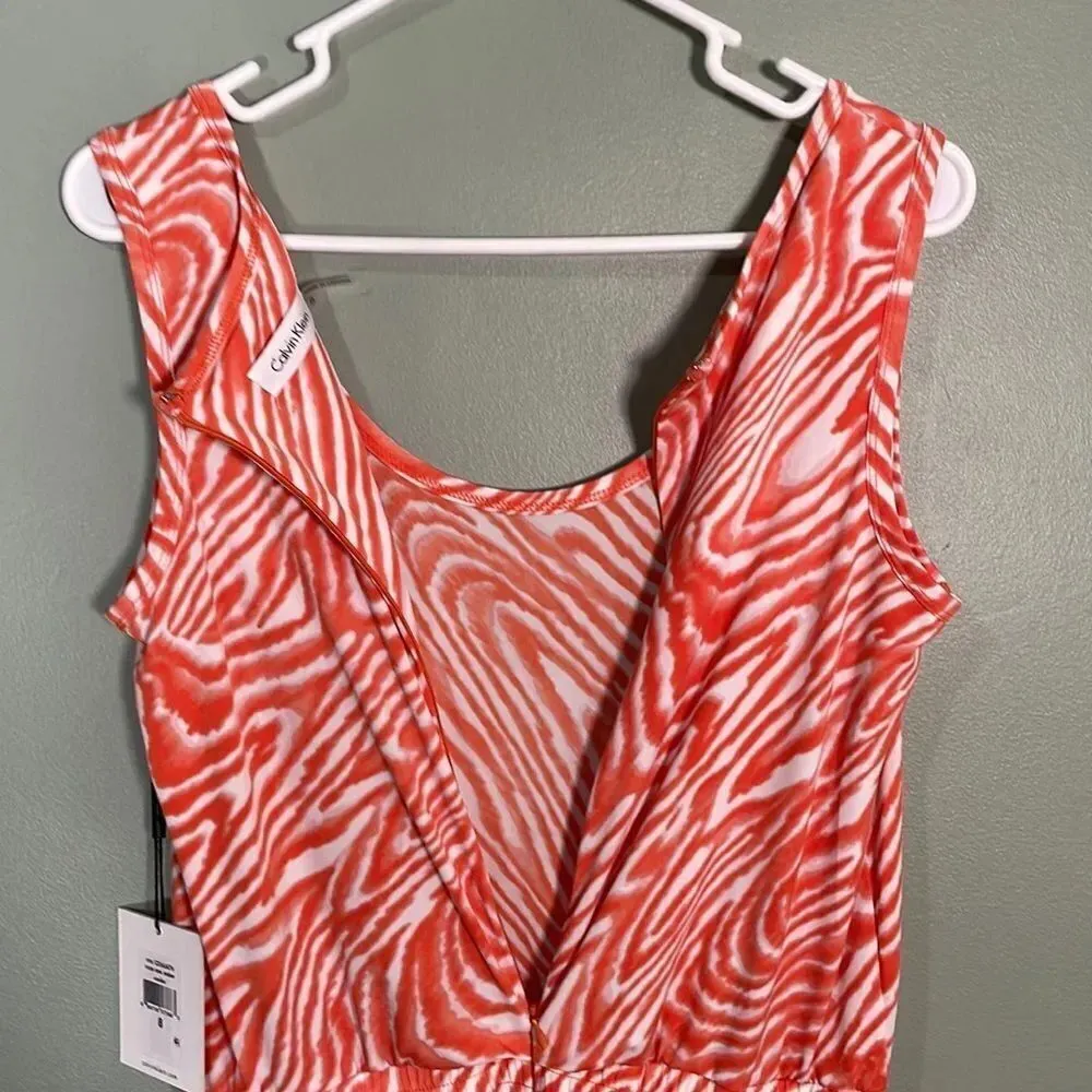 CALVIN‎ Klein Drawstring Sleeveless Jumpsuit Orange size 8 NWT zebra print - Image 6