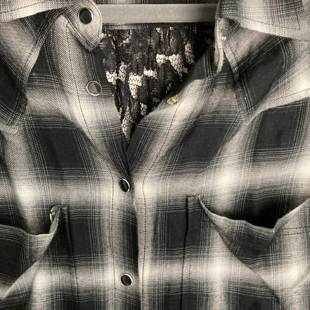 Divine Heritage Revolve Lace Button Front Plaid Shirt Gothcore Ruffles Medium Gray - Image 8