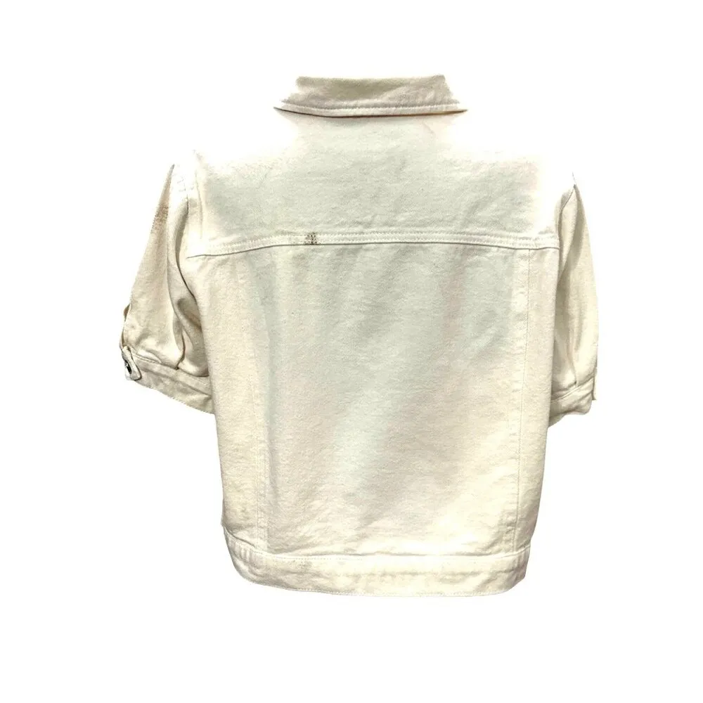 CCC Hengsheng White Denim Crop Top Jacket Cotton Polyester Blend Pockets Sz XL - Image 3