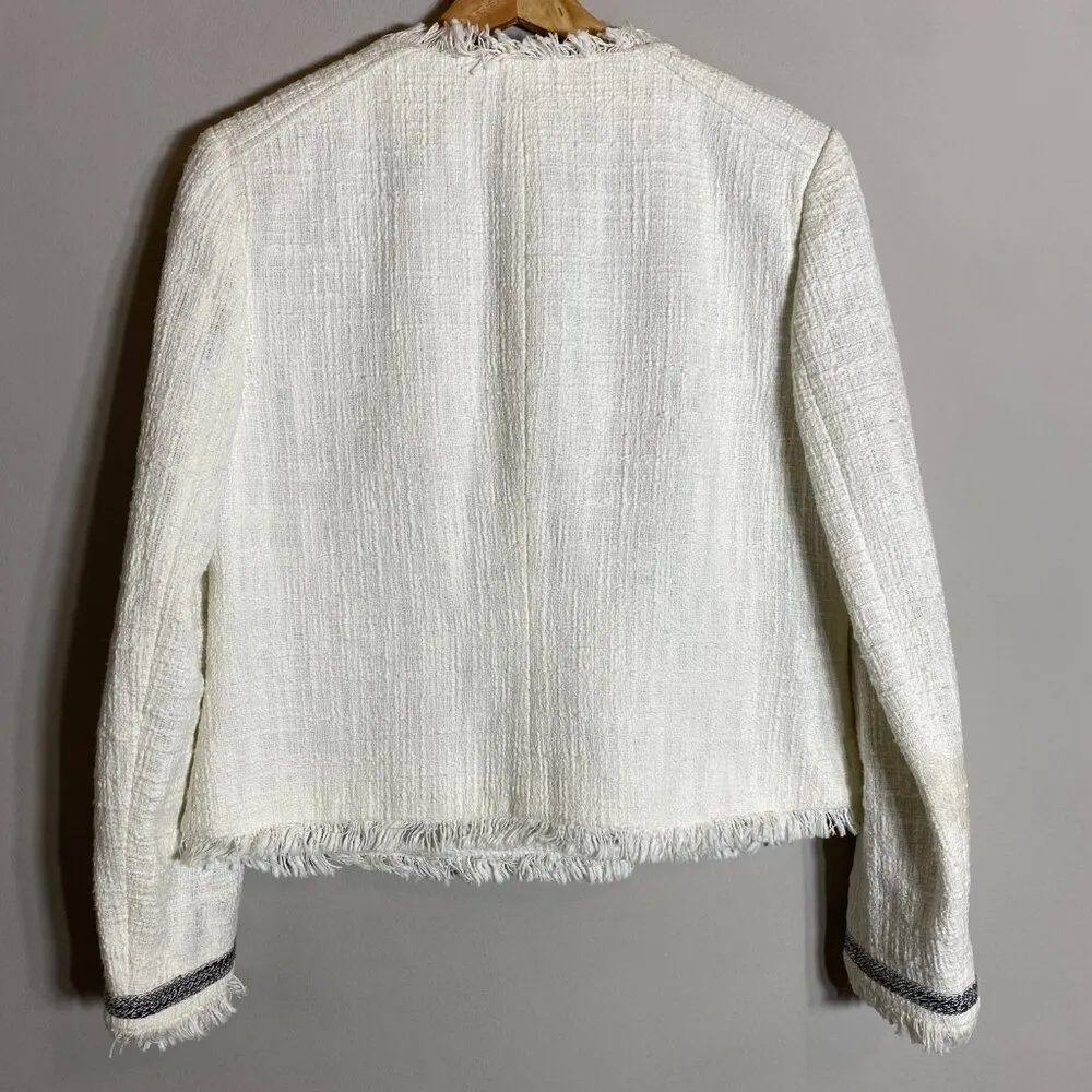 J.Crew Tweed Motorcycle Jacket with Fringe Women's 12 White Gold Career Preppy - Image 11