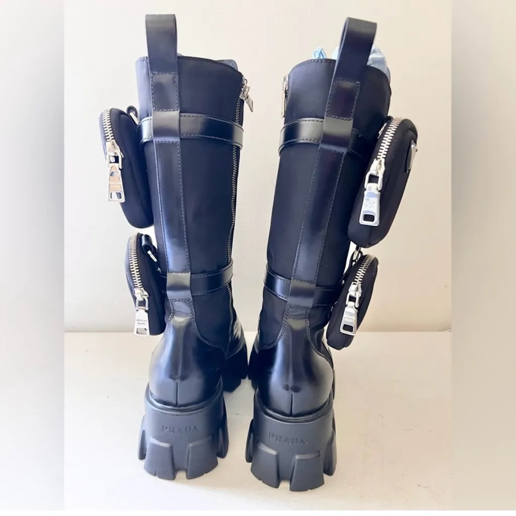 Prada Monolith Black Leather Combat Boots With Removable Pouches Tall Boot Sz 37 - Image 9