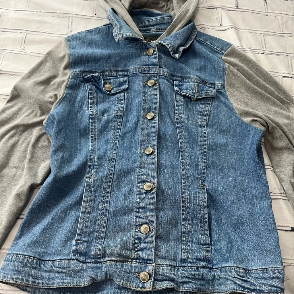 Vintage Live a Little Denim Hoodie Jean Jacket Women’s XL Gray Knit Sleeves Blue - Image 7