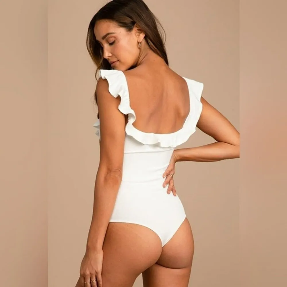 The Label Lala Ruffle Ribbed Bodysuit in White Size M - Image 7