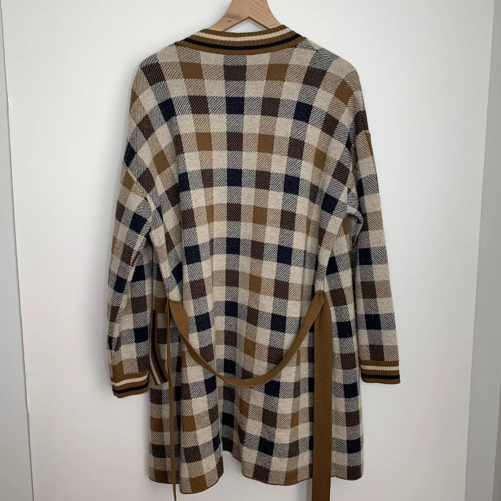 Weekend Max Mara Lavagna Belted Plaid Cardigan Longline Caramel Large Brown - Image 4