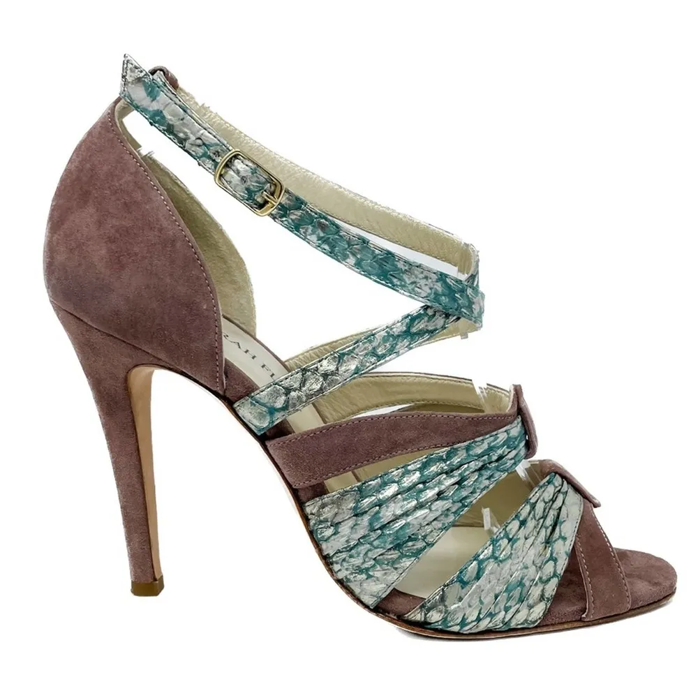 Sarah Flint Aqua Mauve & Gold Suede & Snakeskin Print Vilma Sandals size 37 - Image 10