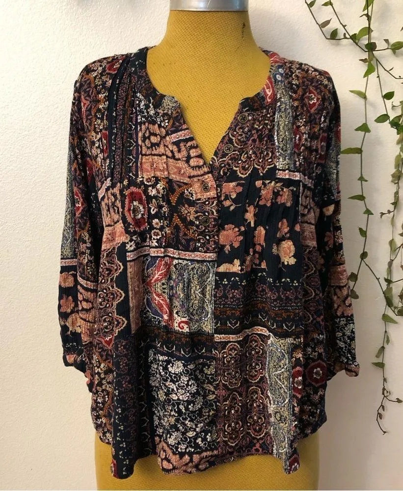 Size M Womens Boho Peasant Floral Patchwork Blouse Multicolor - Image 2