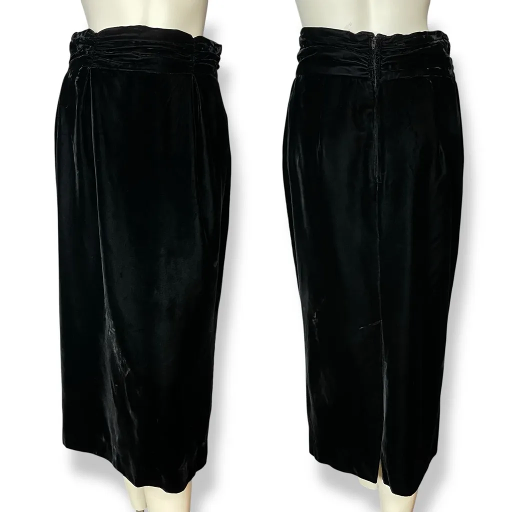 Vintage Velvet Skirt Gathered Waistband Black Midi Straight Michelle Stuart‎ Size 12 - Image 2