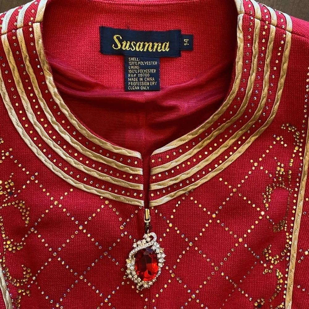 Susanna Red embellished full zip sweater gold trim bejeweled cross pattern 14‎ - Image 3