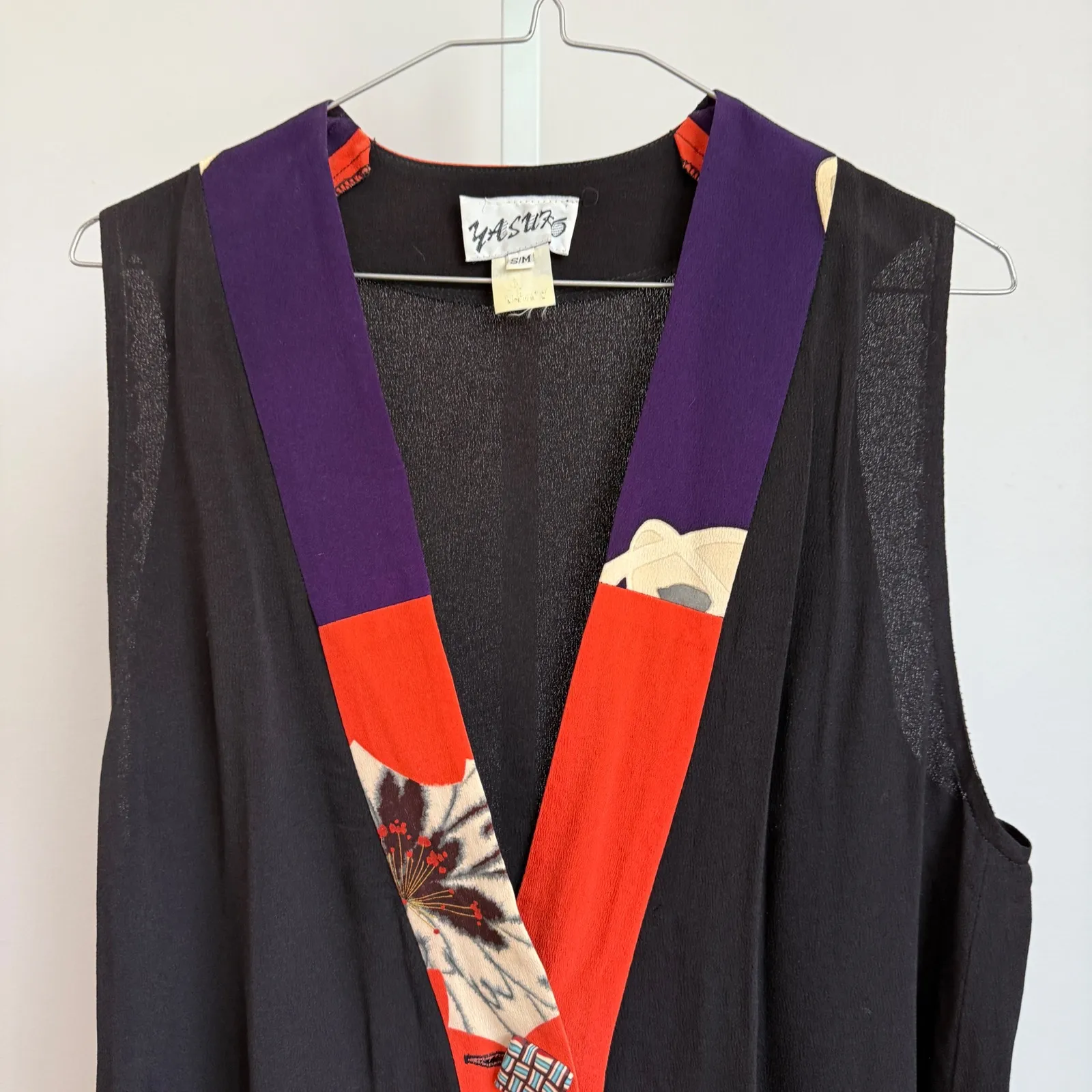 VTG Yasuyo Black Sleeveless Wearable Art Floral Trim‎ Lagenlook Avant Garde S/M - Image 2