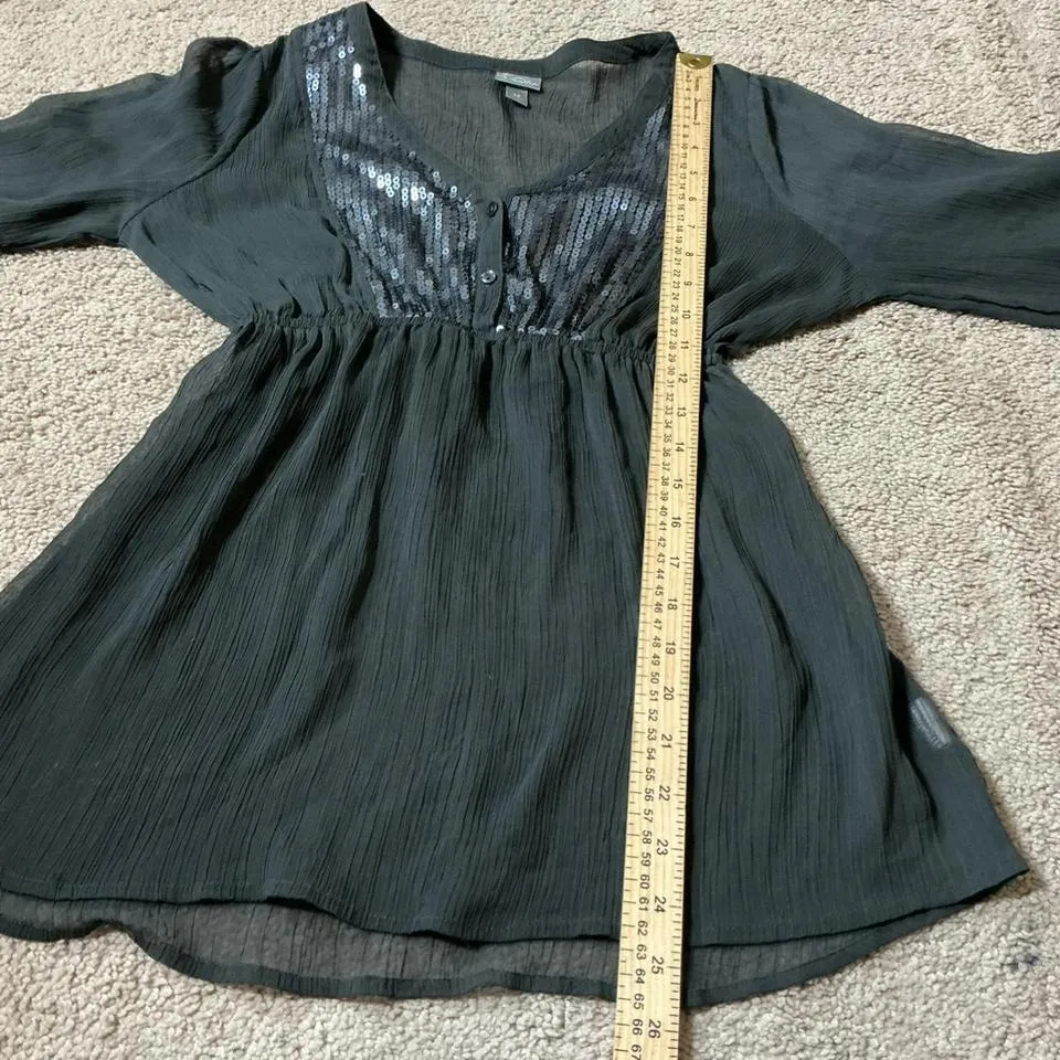 Y2K Vanity Women Gray Sequin Embellished V Neck Sheer Top Blouse M Grunge - Image 5