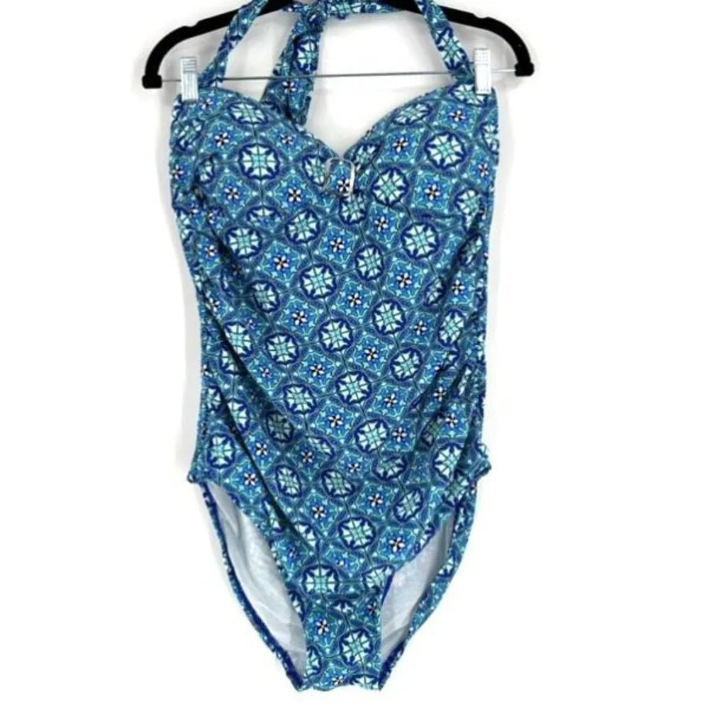 SPANX Assets FIESTA BLUE‎ PATTERNED HALTER 1 PC BATHING SUIT SWIMSUIT XL - Image 2