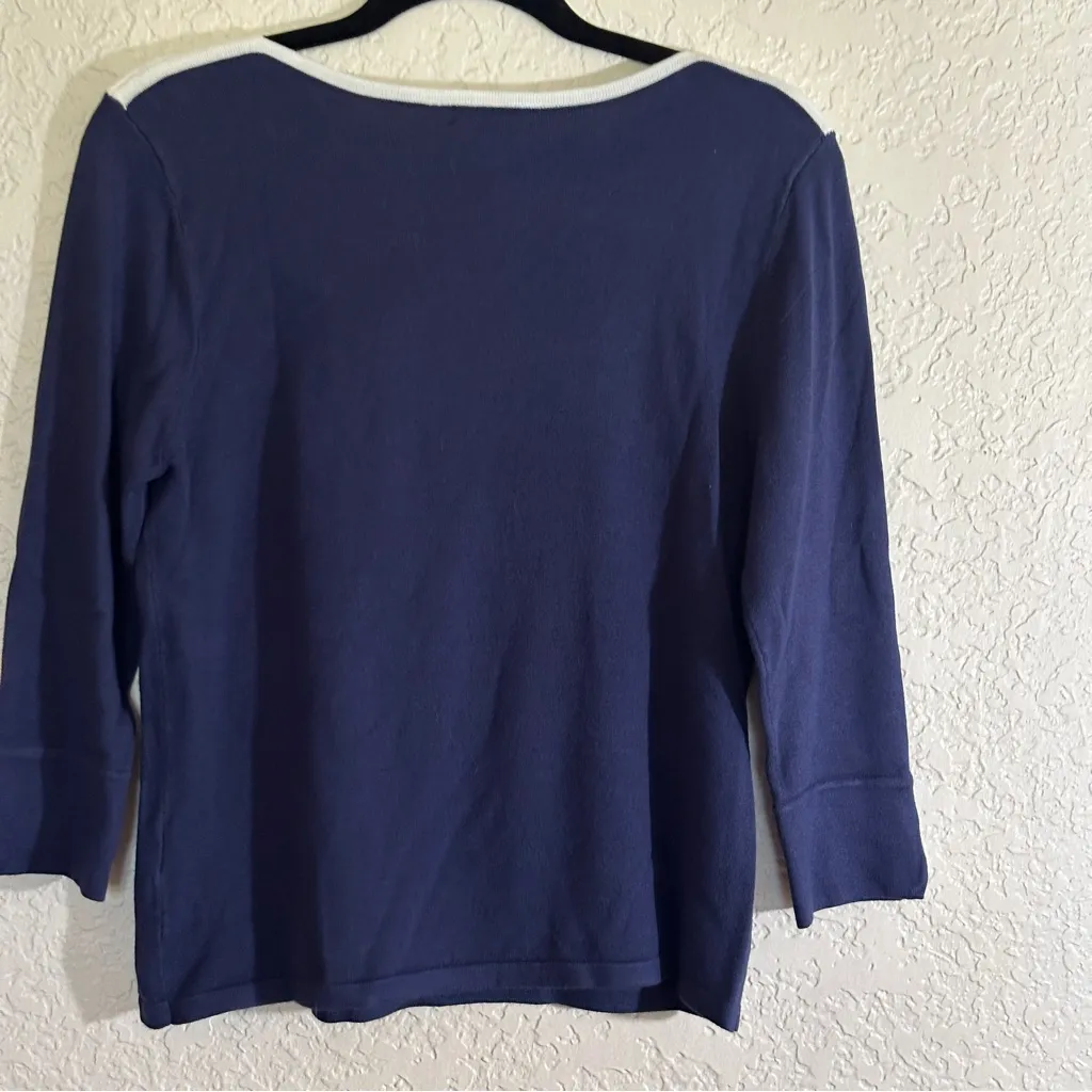 Investments‎ Petites Navy Blue White Trim Crewneck 3/4 Sleeve PM NWT Sweater - Image 2