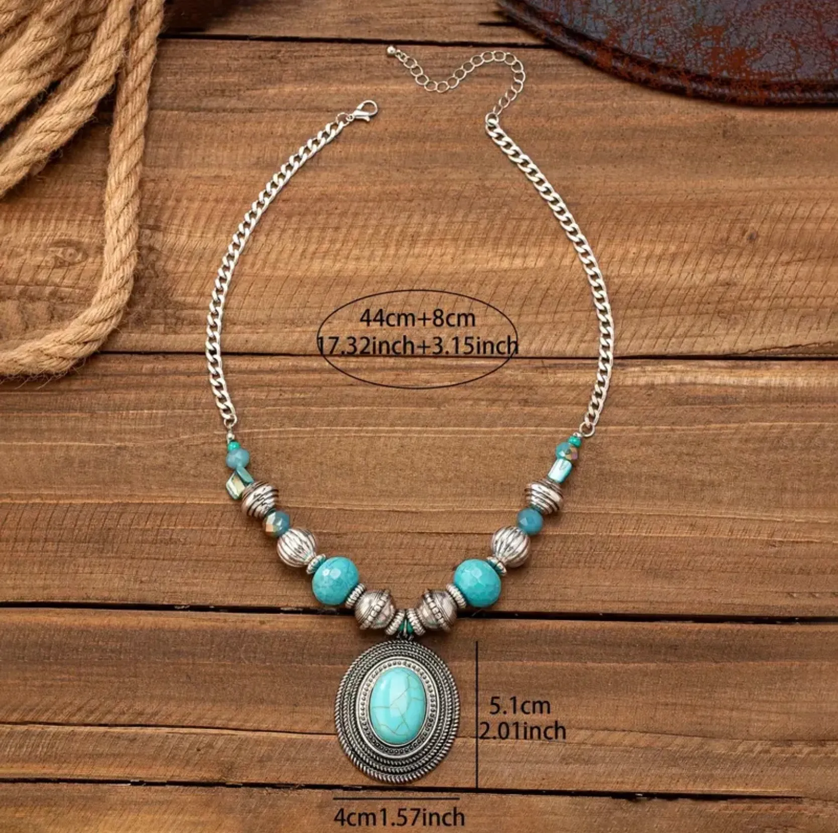 Western Cowboy Style Oval Geometric Design Mixed Bead Statement Pendant Necklace Blue - Image 8