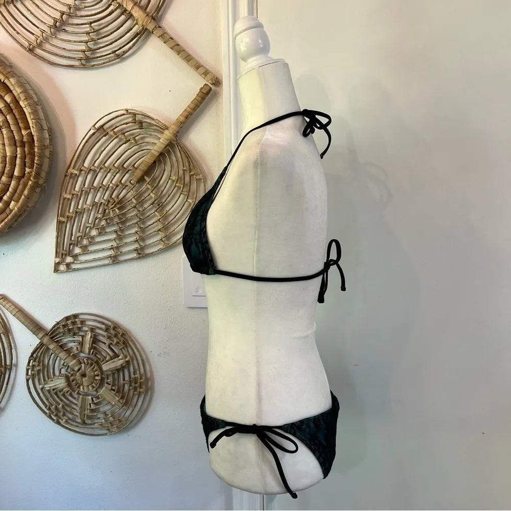 Vintage Teal Lace Overlay Triangle Bikini Swim Set Y2K Boho Festival Beach Sz M Black Size M - Image 6