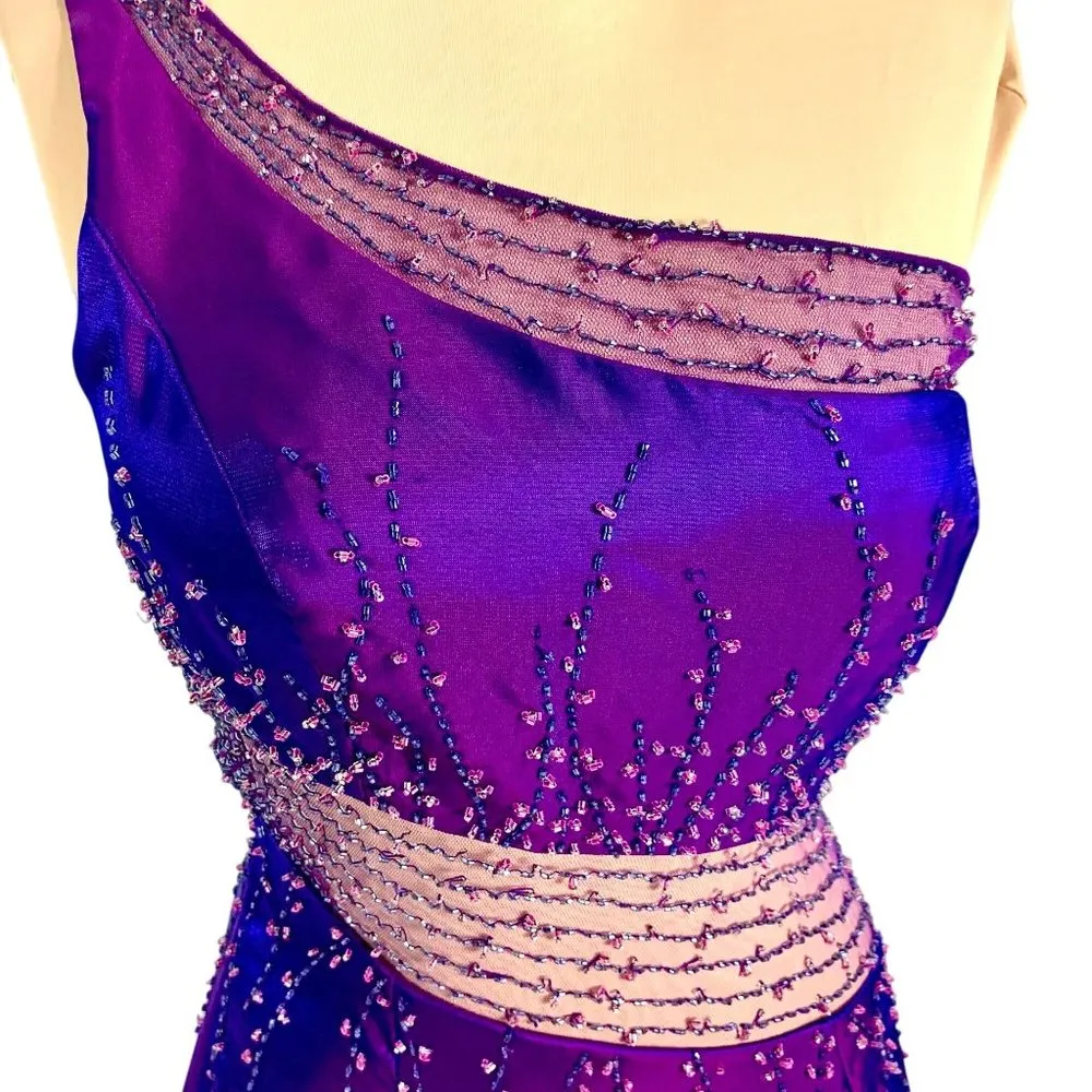 Alyce Paris Alyce Designs One Shoulder Beaded Illusion Formal Gown Prom Purple Size 6 - Image 4