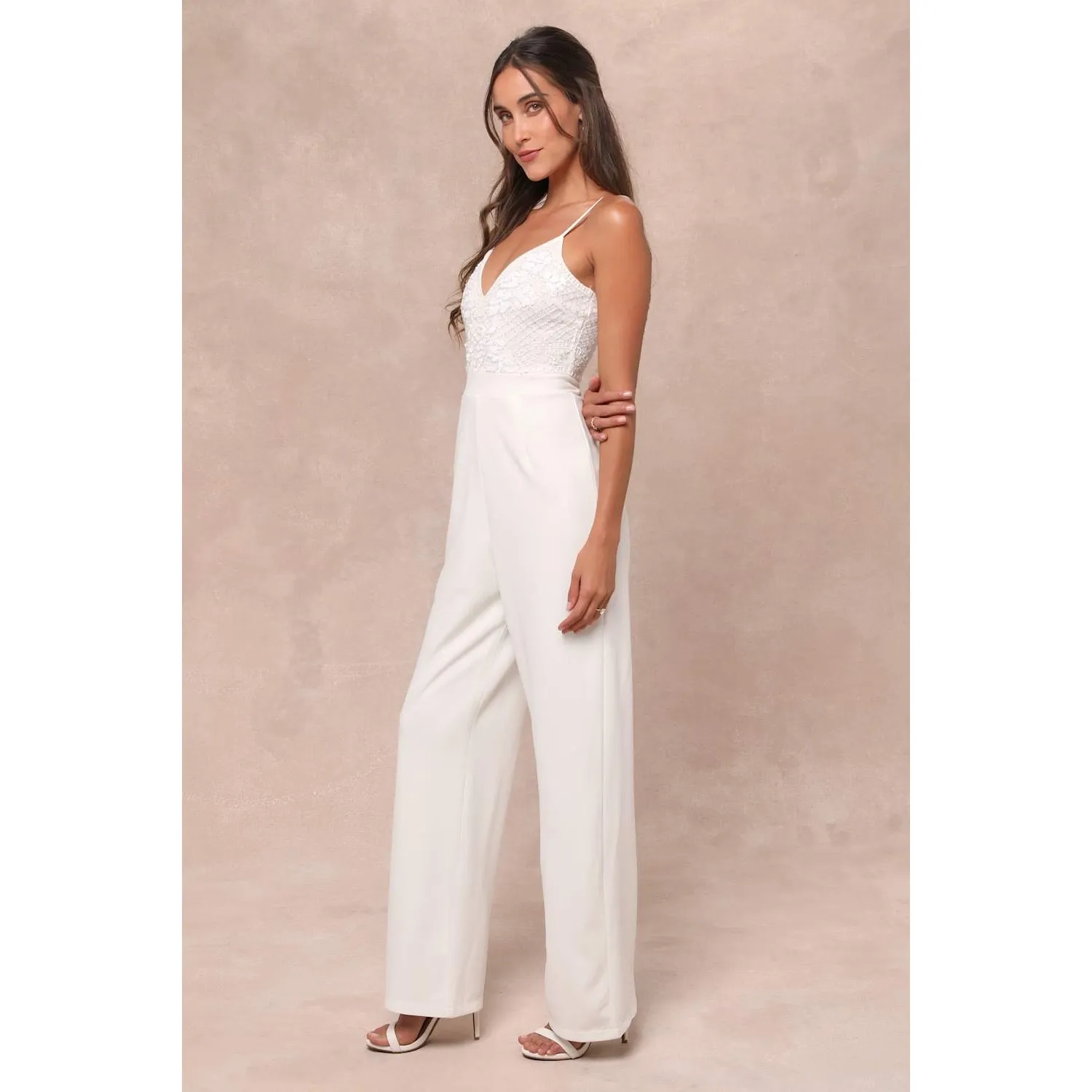 NWT Lulus Memorable Occasion White Beaded Sequin Wide-Leg Jumpsuit Glam Bling S - Image 4