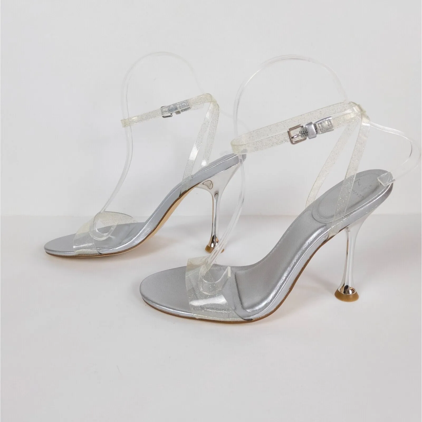 MARC FISHER Silver Calisty Heeled Sandal Sparkle Clear Straps Women's 7.5 - Image 5