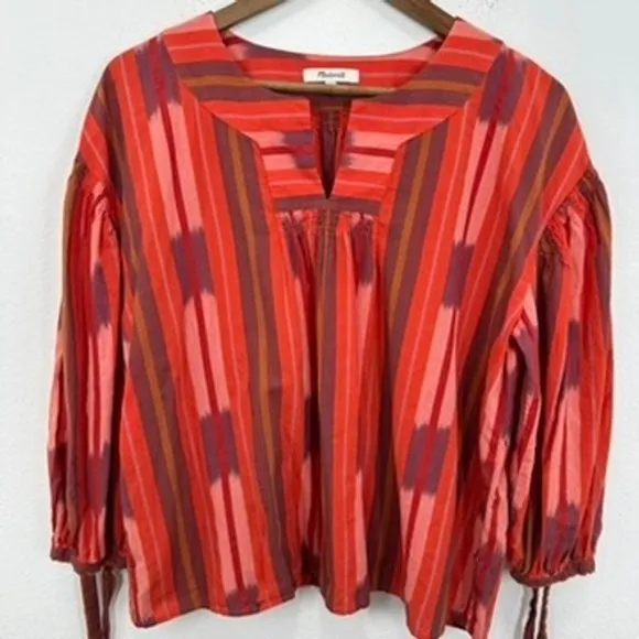 Madewell‎ Women's Striped Ikat Print Long Sleeve Blouse Top Red Brown V Neck Med - Image 2