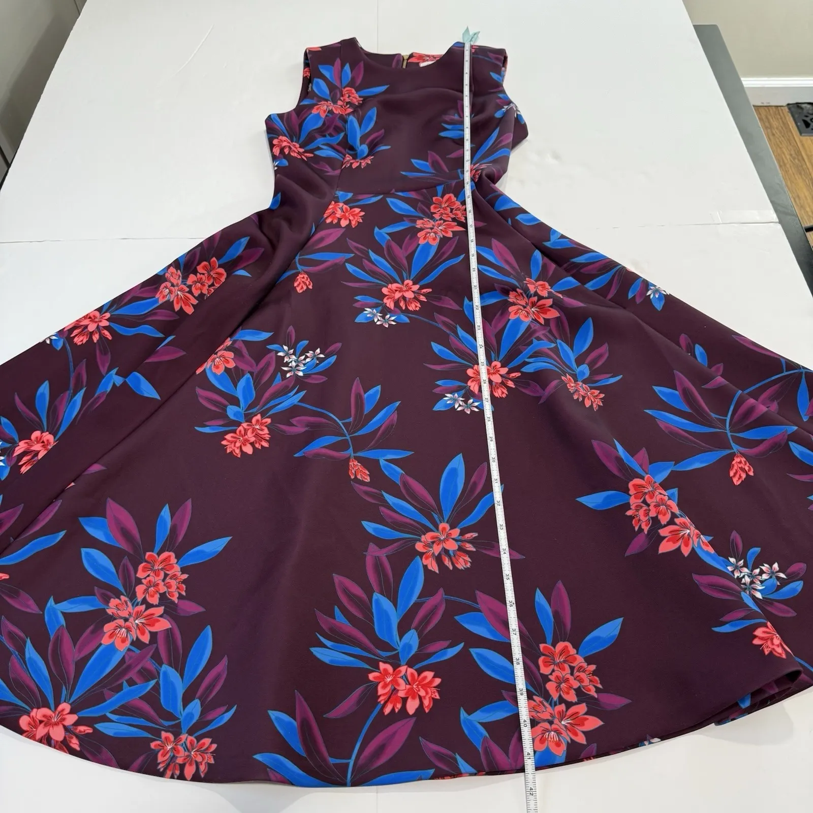 Calvin Klein Purple Floral Sleeveless Flare Scuba Knit Midi Dress Size 2 Pockets - Image 8