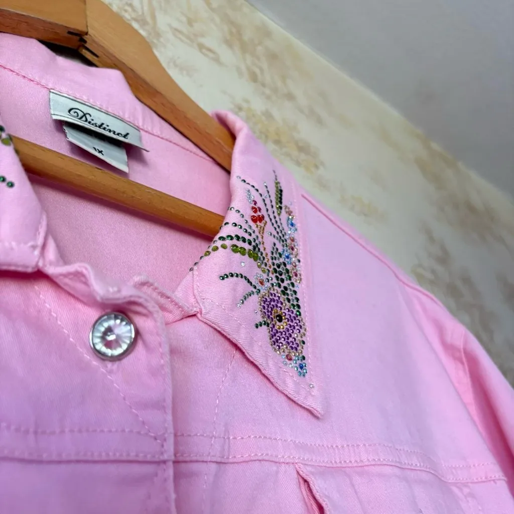 Vintage 90s y2k pink floral embellished rhinestone button denim jacket 1X - Image 8