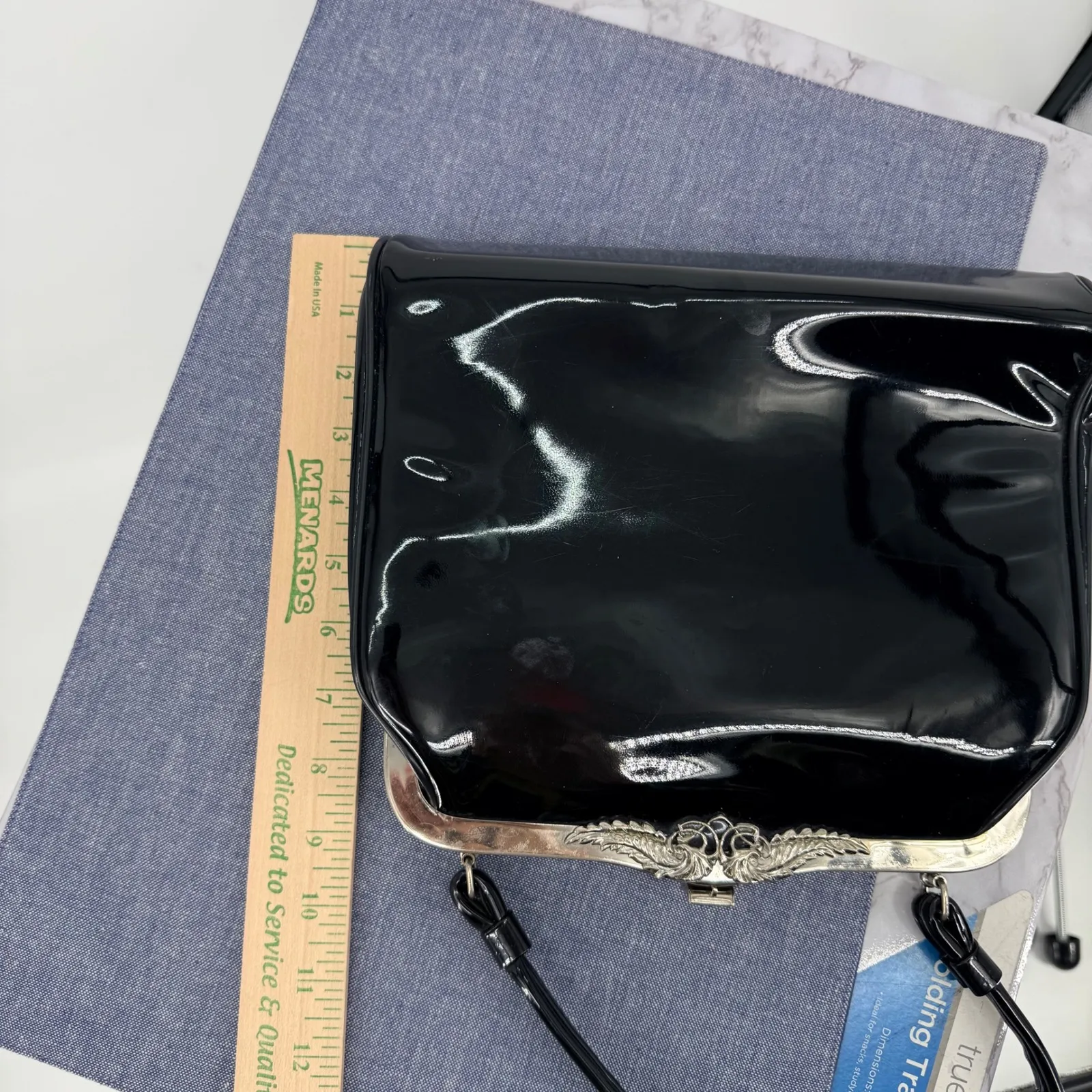 Vtg Black Patent Kiss Lock Handbag Ornate Silver Clasp Evening Bag Formal MCM - Image 8