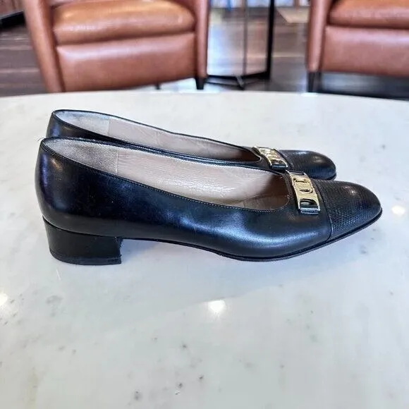 Salvatore Ferragamo Black Leather Block Pumps Gold Buckle Almond Toe Size 8.5 AA - Image 6