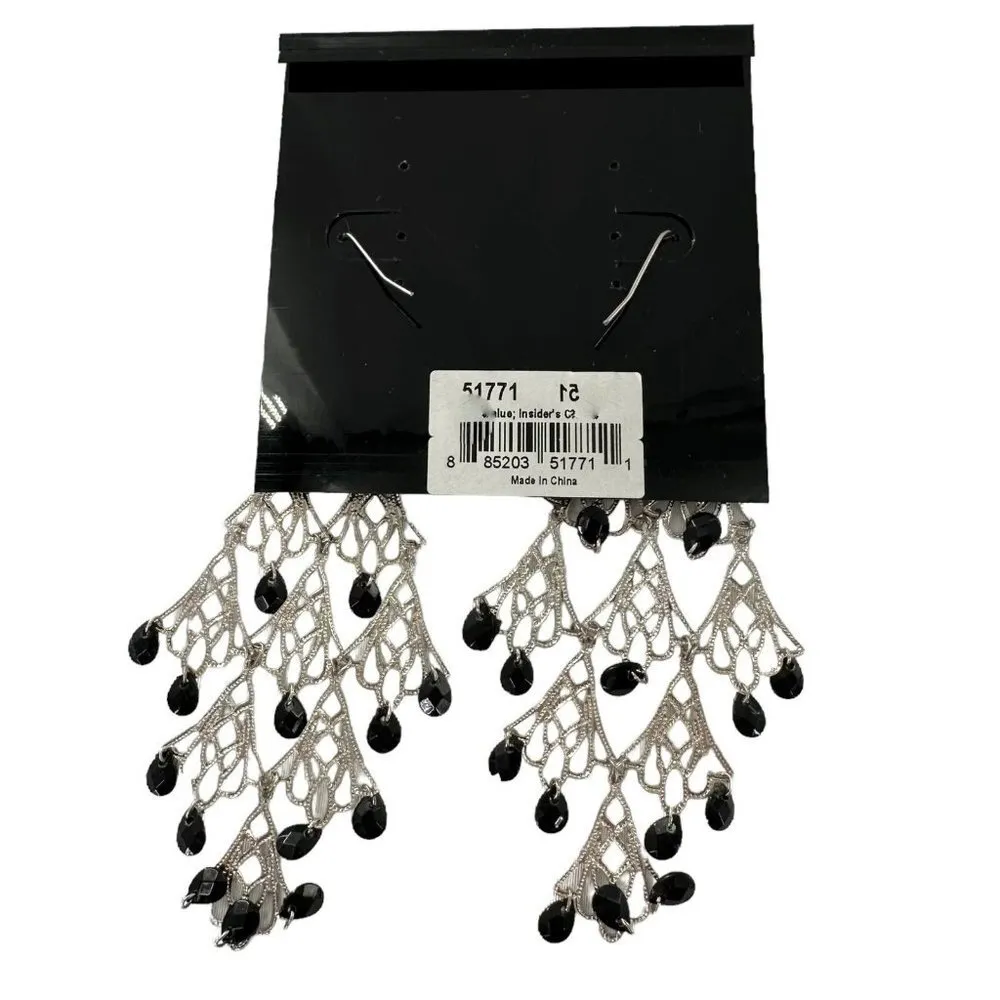 NEW/NWT Dramatic COOKIE LEE Silver Filagree Black Beaded Drop Earrings - Image 3