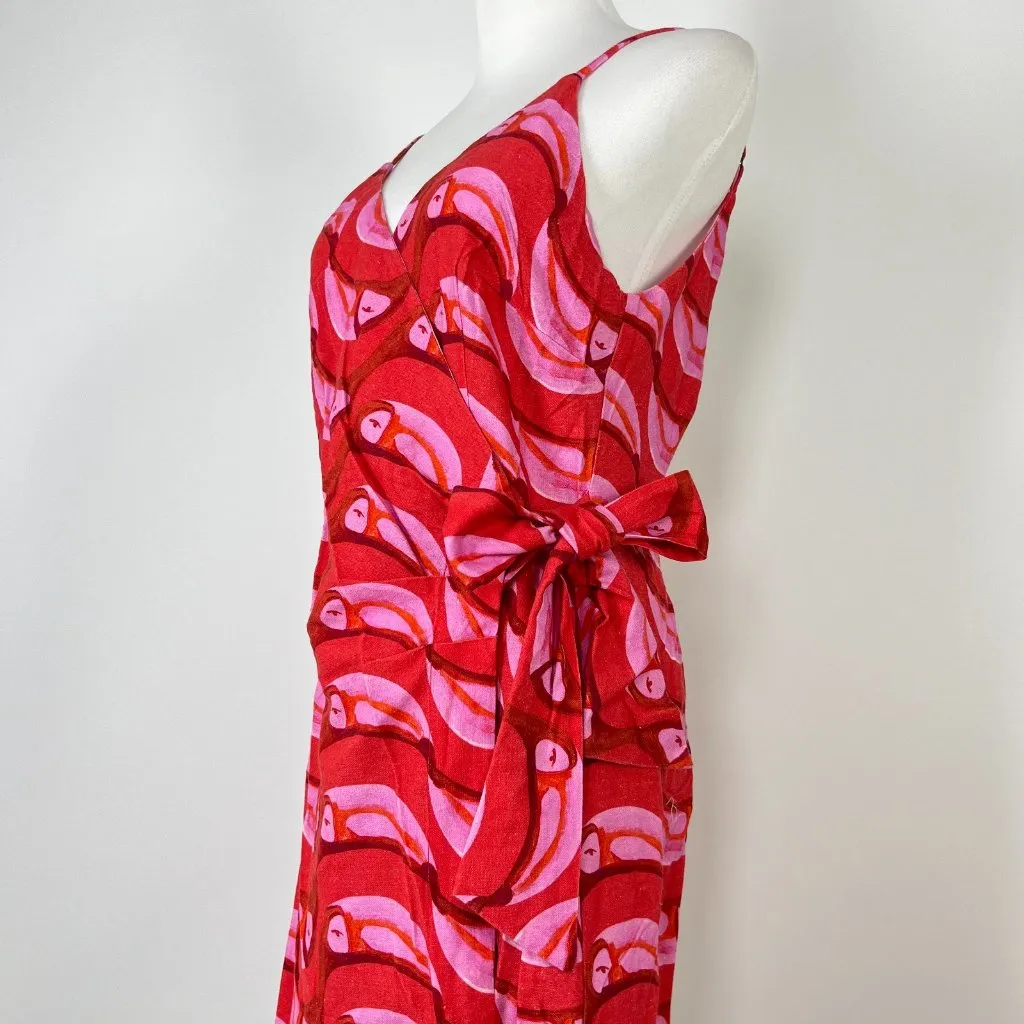 NOWT Farm Rio Linen blend Copabanana Wrap Mini Dress Red Pink Size L - Image 10