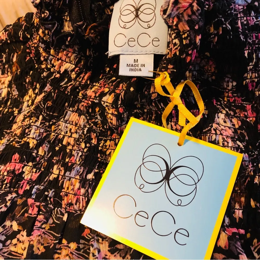 CeCe Black Floral Tiered Chiffon Long Sleeved Dress M - Image 3