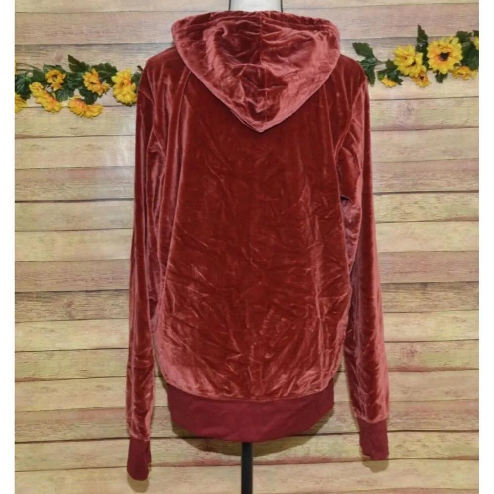 True Religion Ladies Burgundy Red Velvet Zip Up Hoodie Size XL Logo Casual Warm - Image 10