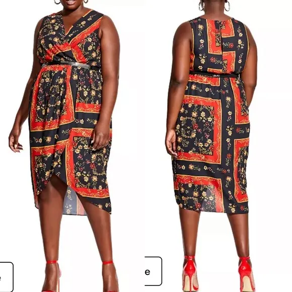 City Chic Printed Scarf Faux Wrap Midi Dress: Floral Patchwork Red Black - Image 2