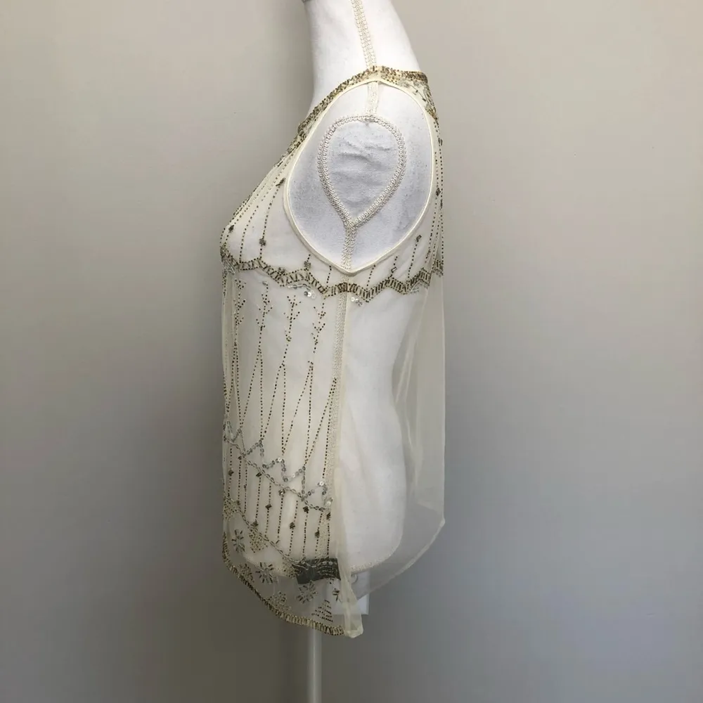 PJK Patterson J Kincaid Top Cami Sleeveless High Neckline Sequin Beaded Boho Gold - Image 3