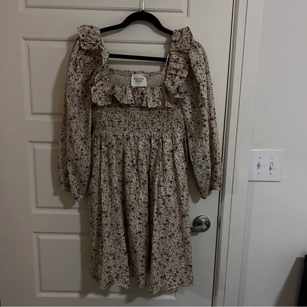 Hyacinth House Puff Sleeve Lavender Floral Ruffle Freesia Mini Dress Blue Size M - Image 5