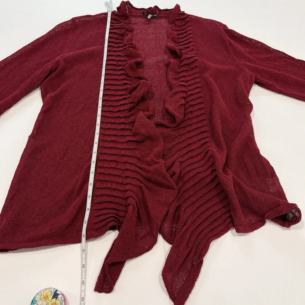 Eileen‎ Fisher Dark Red Ruffle Linen Open Front Long Sleeve Cardigan Size XL - Image 5
