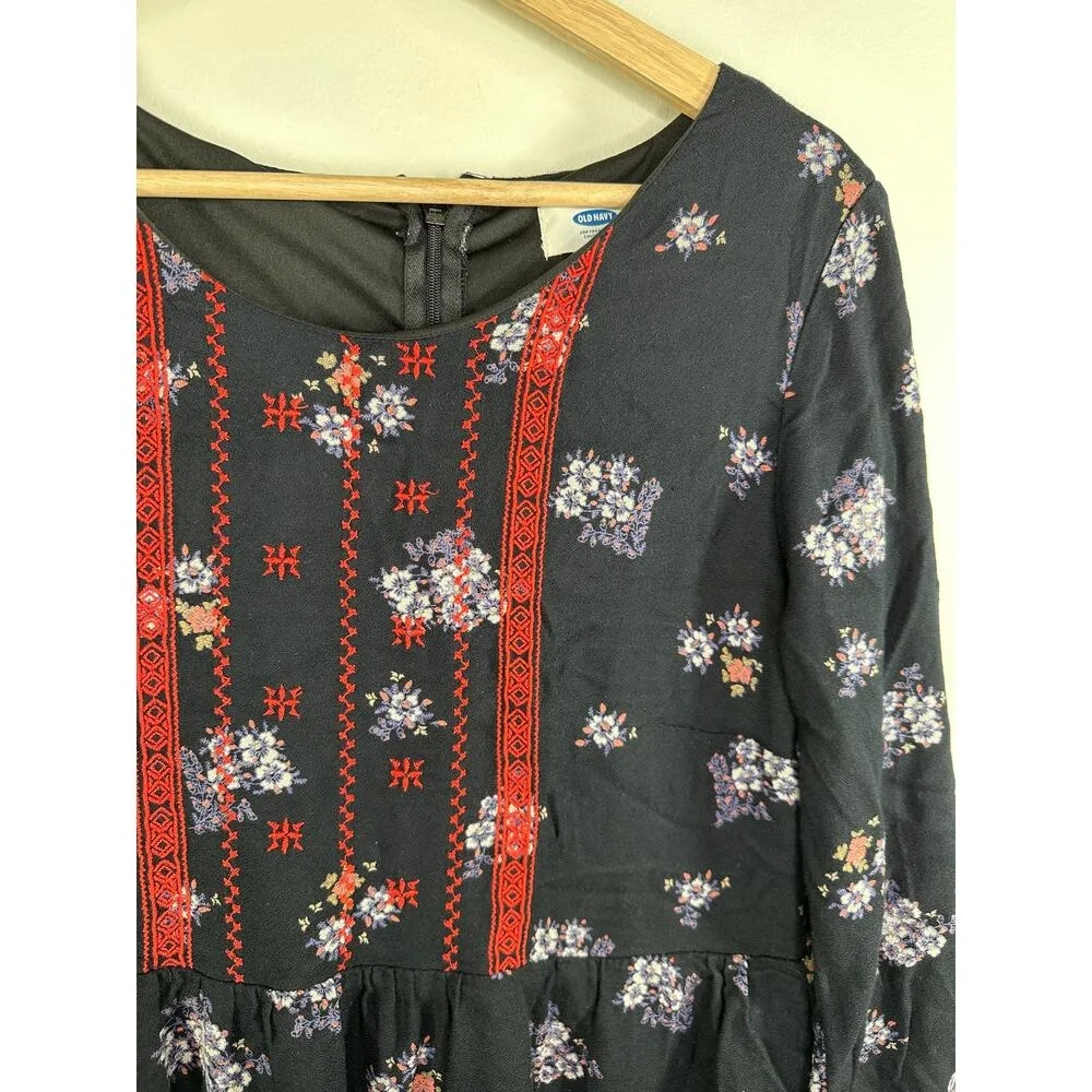 Old Navy Blue Floral Print Long Sleeve Embroidered Dress Women Medium Boho - Image 6