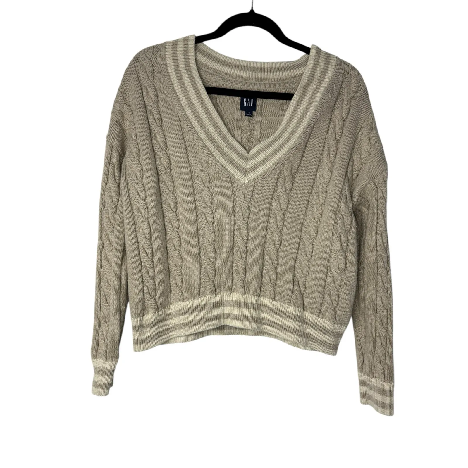 Gap Varsity V-Neck Cable Knit Sweater Preppy Coastal Academia Neutral Women M - Image 2