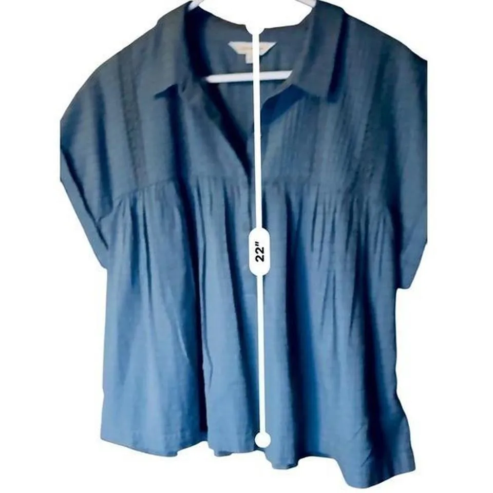 Lucky Brand Women's L 100% Cotton Blue Grey Boxy Button Down Babydoll Tunic Top - Image 6