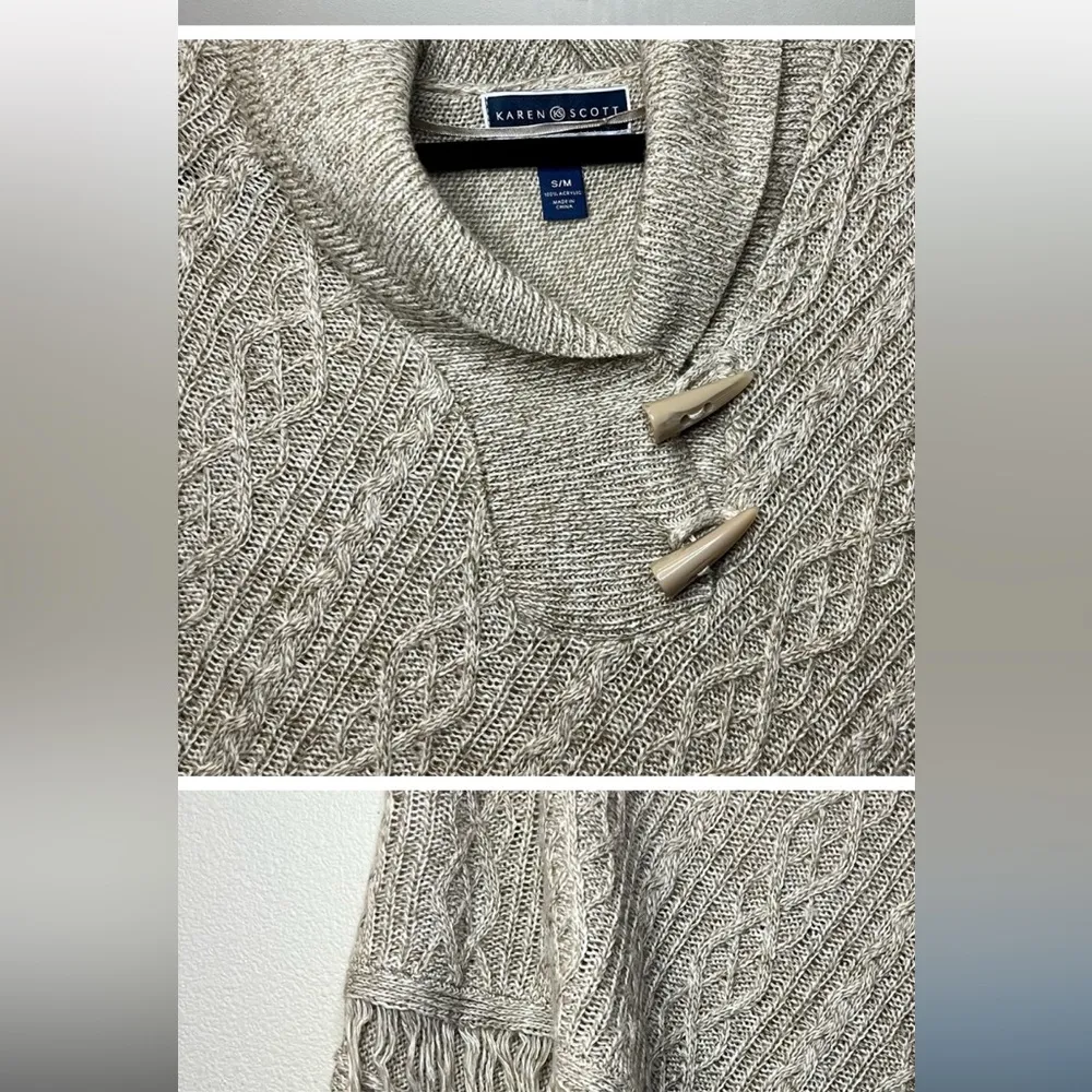 Karen Scott Gray Poncho with Cowl Neck and Fringe - Image 4