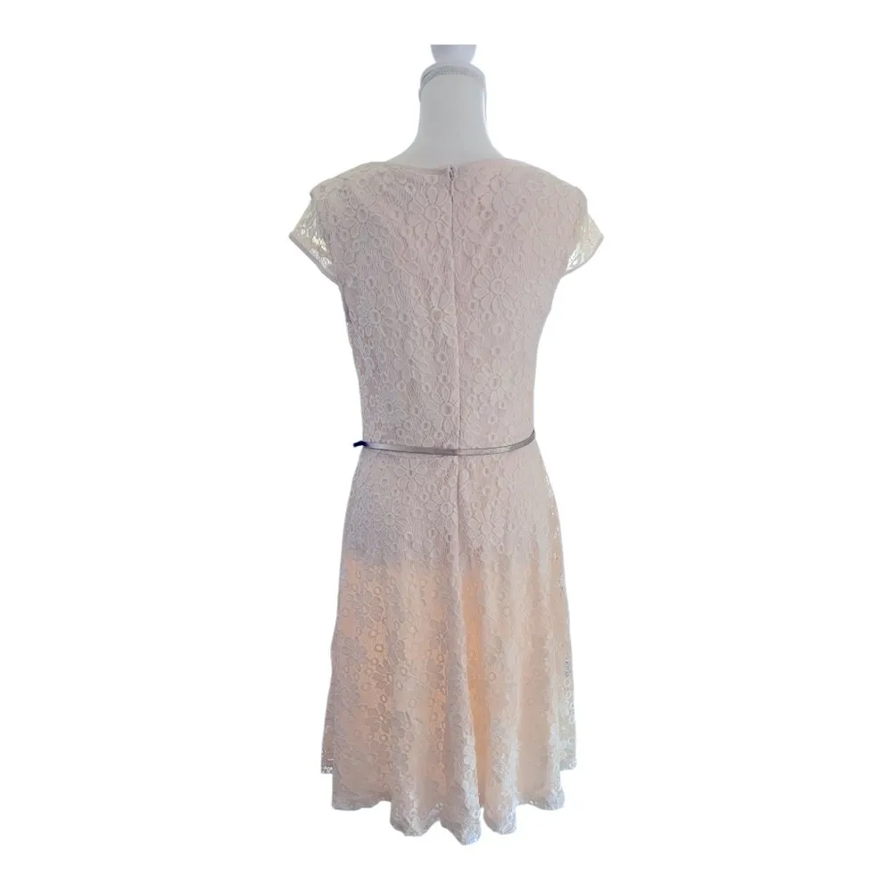 Women’s Established 1962 Cream Fit and Flare Midi Floral Lace Dress Cap Sleeves Size 10 - Image 2