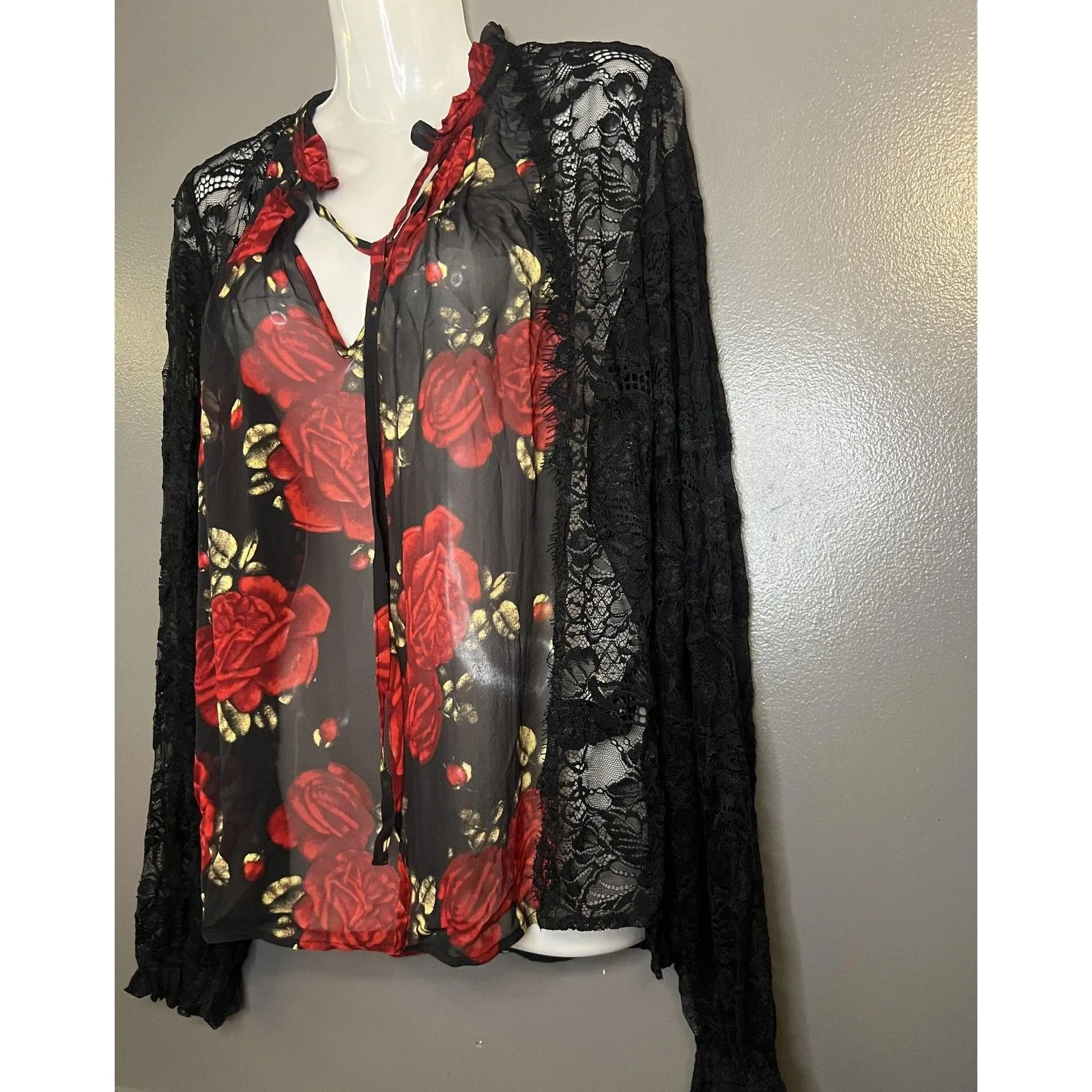 The Kooples Blouse Womens Medium Black Red Rose Floral Lace Sheer High Neck - Image 4
